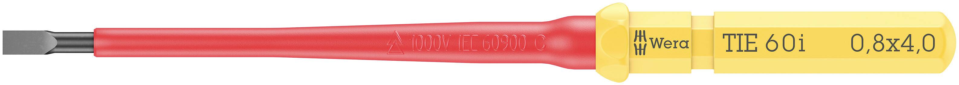 Een rode schroevendraaier met gele handgreep, voorzien van opschrift 'Wiha TTE 601 0,8x4,0', geschikt voor nauwkeurige elektrowerkzaamheden.