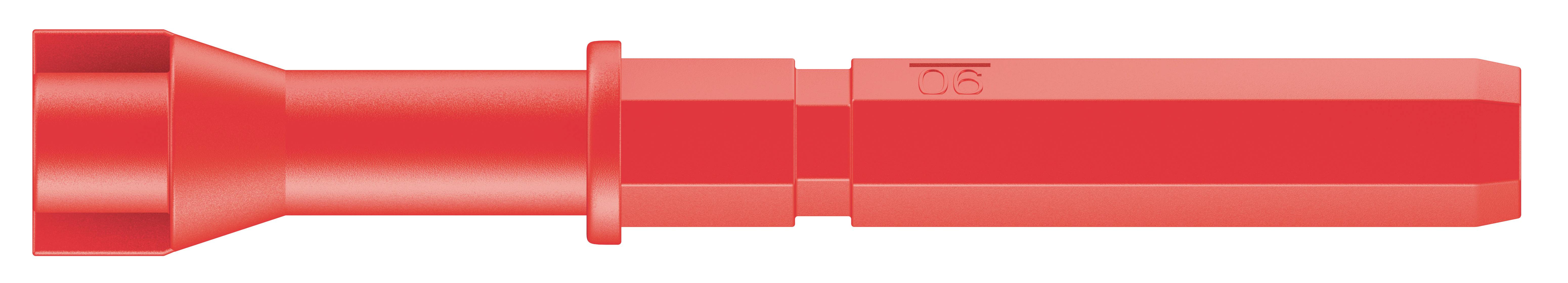 Een rood, zeshoekig gereedschapsdeel met een cilindrische kop en een langere steel, mogelijk een opzetstuk of adapter.