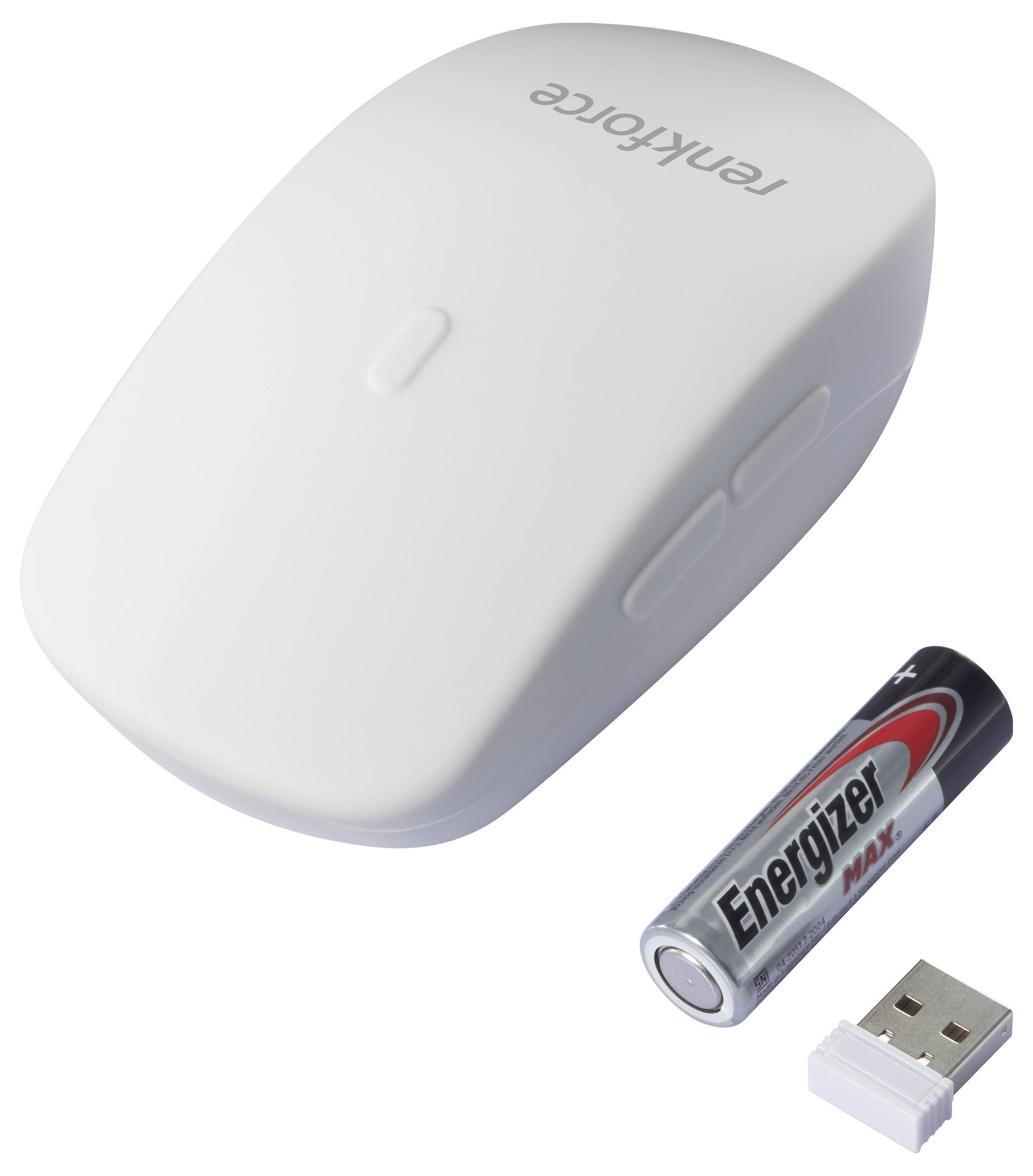 Witte draadloze muis met batterijvakdeksel, 'Tenixforce'-logo bovenop. Ernaast een enkele AA-batterij en een USB-dongle.