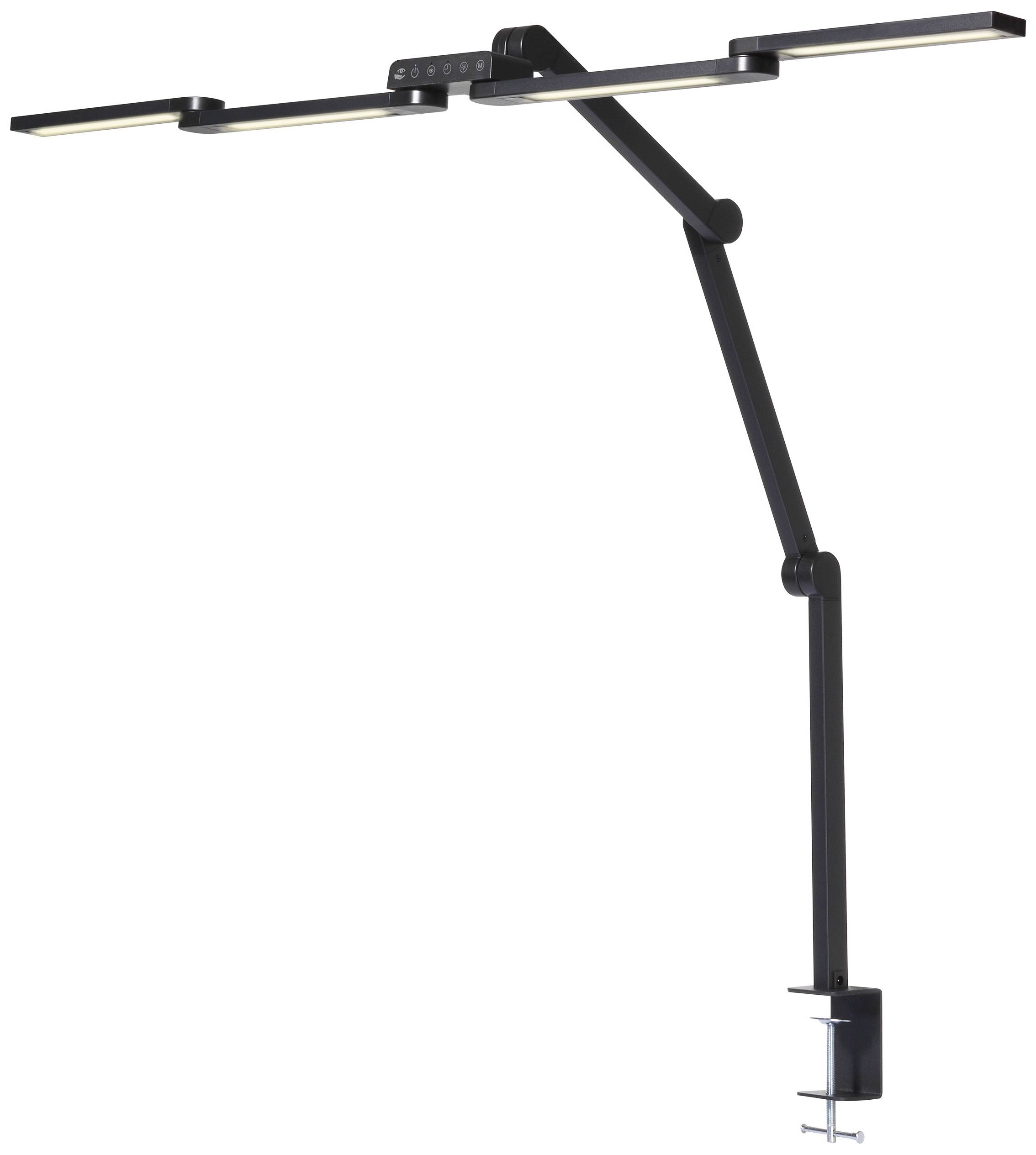Een zwarte tafellamp met verstelbare arm en klem om te bevestigen aan de tafelrand. Ideaal voor verlichting van werkplekken.