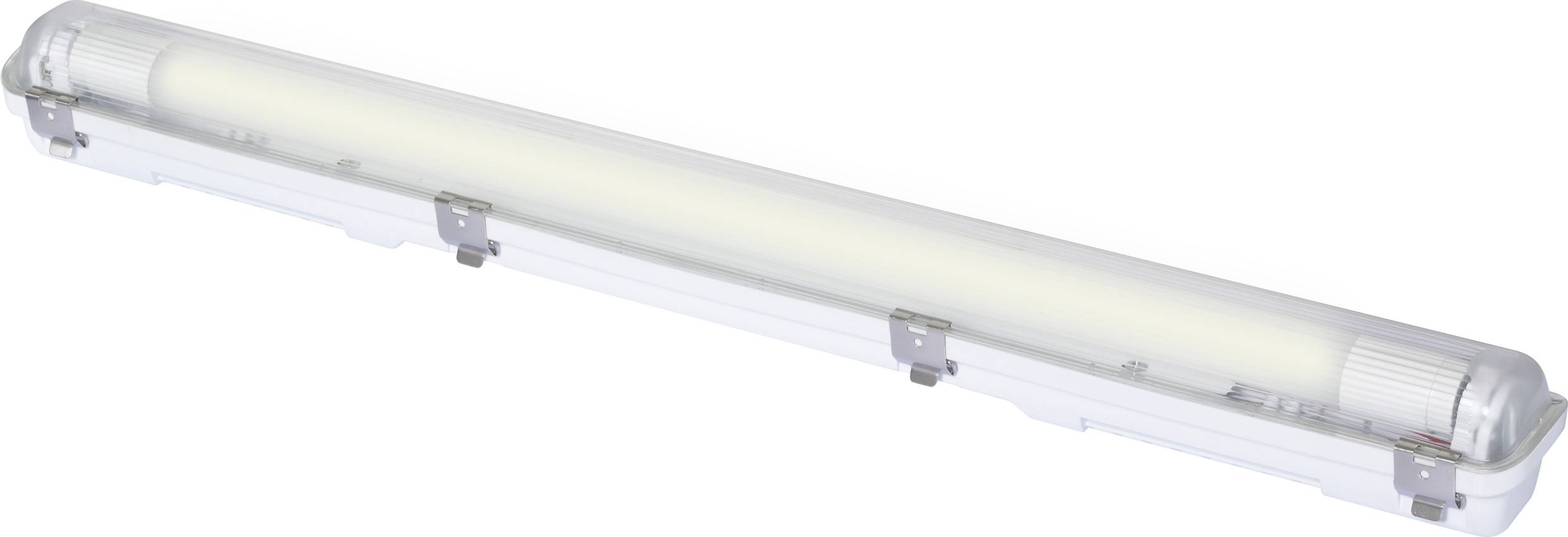 Langwerpige, transparante tl-lamp in een wit behuizing, geschikt voor plafond- of wandmontage. Energiezuinig en duurzaam.