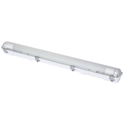 Een langwerpige, transparante LED-lichtbalk met zilveren bevestigingsklemmen, gebruikt voor verlichting in industriële of commerciële ruimtes.