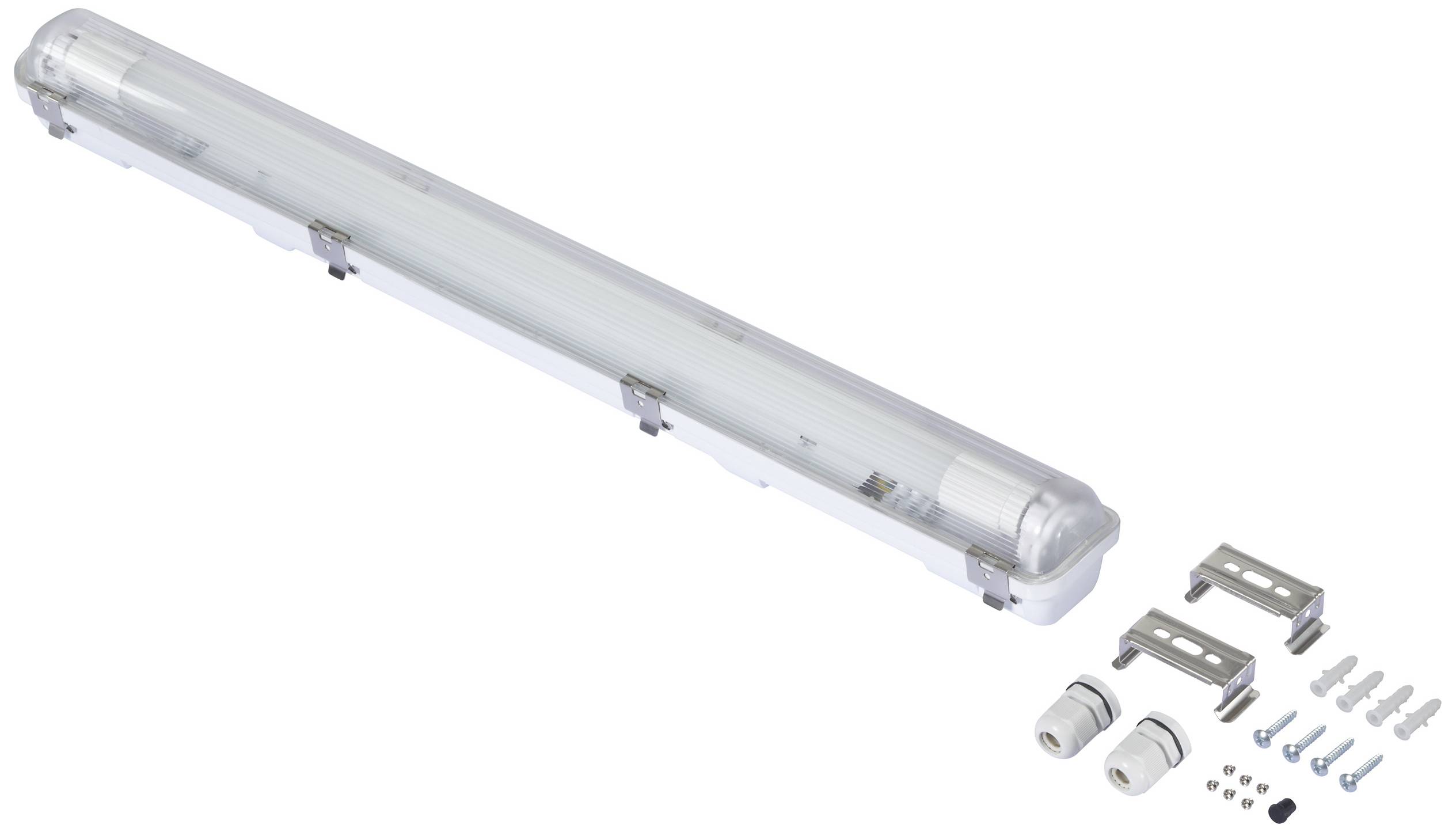 Een weerbestendige LED-lamp met montagetoebehoren, inclusief beugels, schroeven en kabelwartels, ligt duidelijk zichtbaar ernaast.