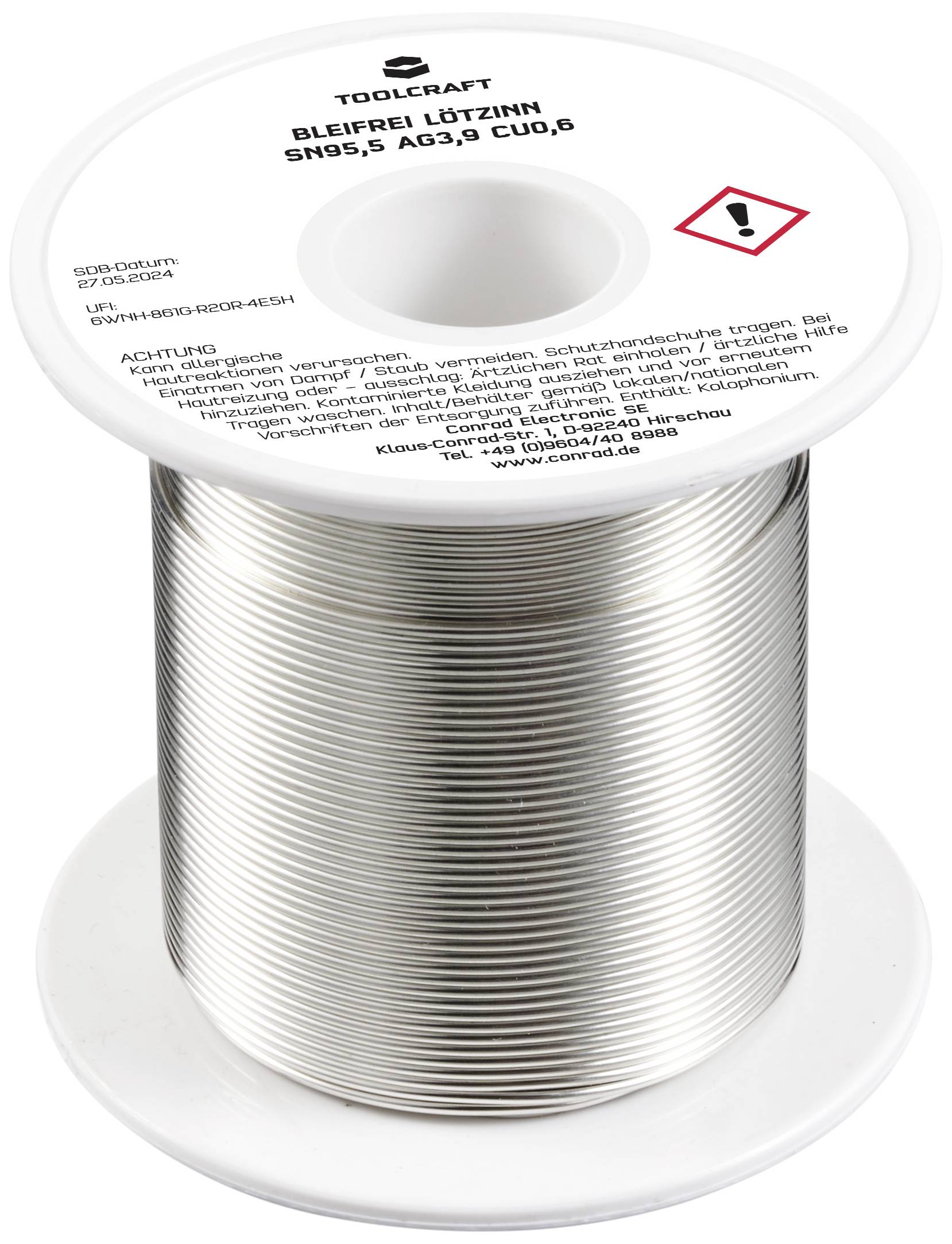 Een spoel met loodvrij soldeer van Toolcraft, waarop de samenstelling Sn95,5 Ag3,8 Cu0,7 staat vermeld.