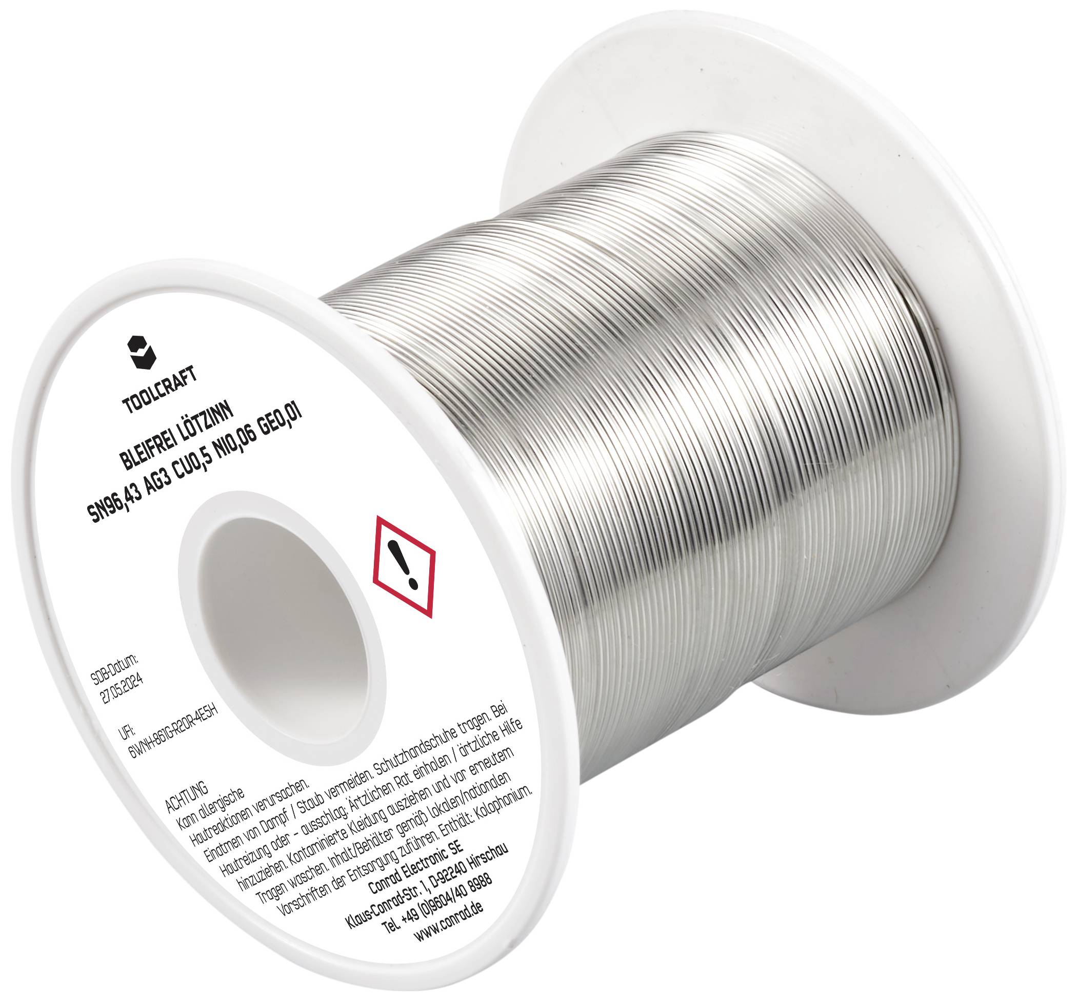 TOOLCRAFT TO-9503328 Soldeertin, loodvrij Spoel Sn96,43Ag3Cu0,5Ni0,06Ge0,01 ROL1 100 g 0.7 mm