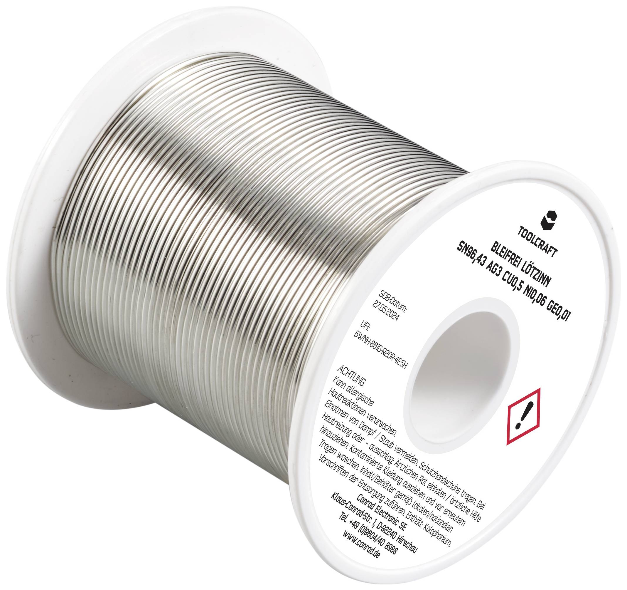 Rol met soldeertin, geëtiketteerd met 'Toolcraft', bevat 500g soldeertin met de specificaties Sn60Pb40.