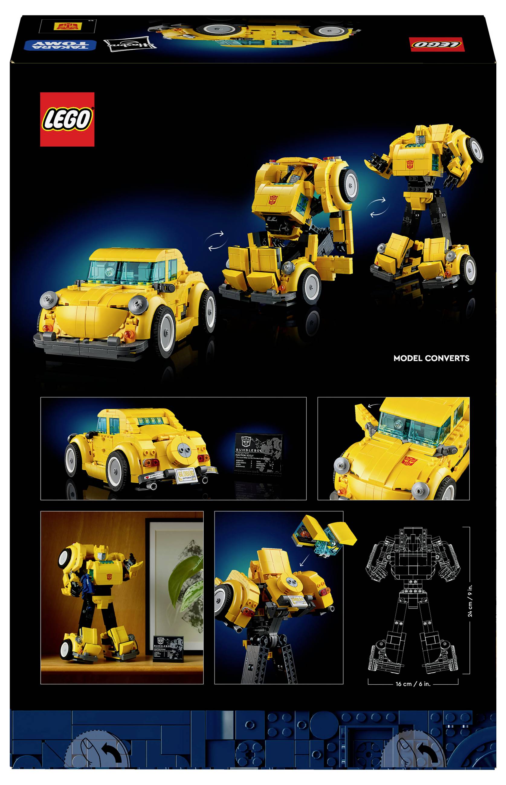 LEGO-set verpakking met een gele auto die kan transformeren in een robot. Toont verschillende perspectieven en transformatiestadia.