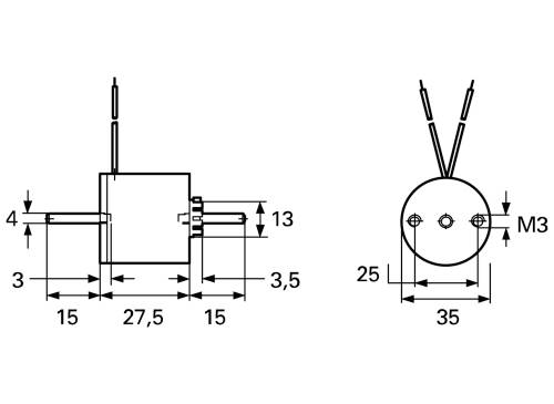 Technische tekening van een elektrisch onderdeel met afmetingen: 35 mm diameter, M3 schroefgaten, totale lengte 27,5 mm.