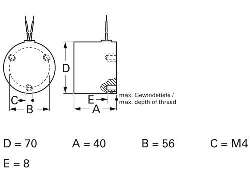 Technische tekening van een cilindrisch object met afmetingen: D=70, A=40, B=56, E=8, schroefdraaddiepte gemarkeerd. C=M4.
