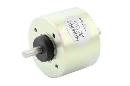 Een cilindrische elektromotor met metalen behuizing, as aan de voorkant en etiket met de opdruk 'KUHINKE', 12 V DC.