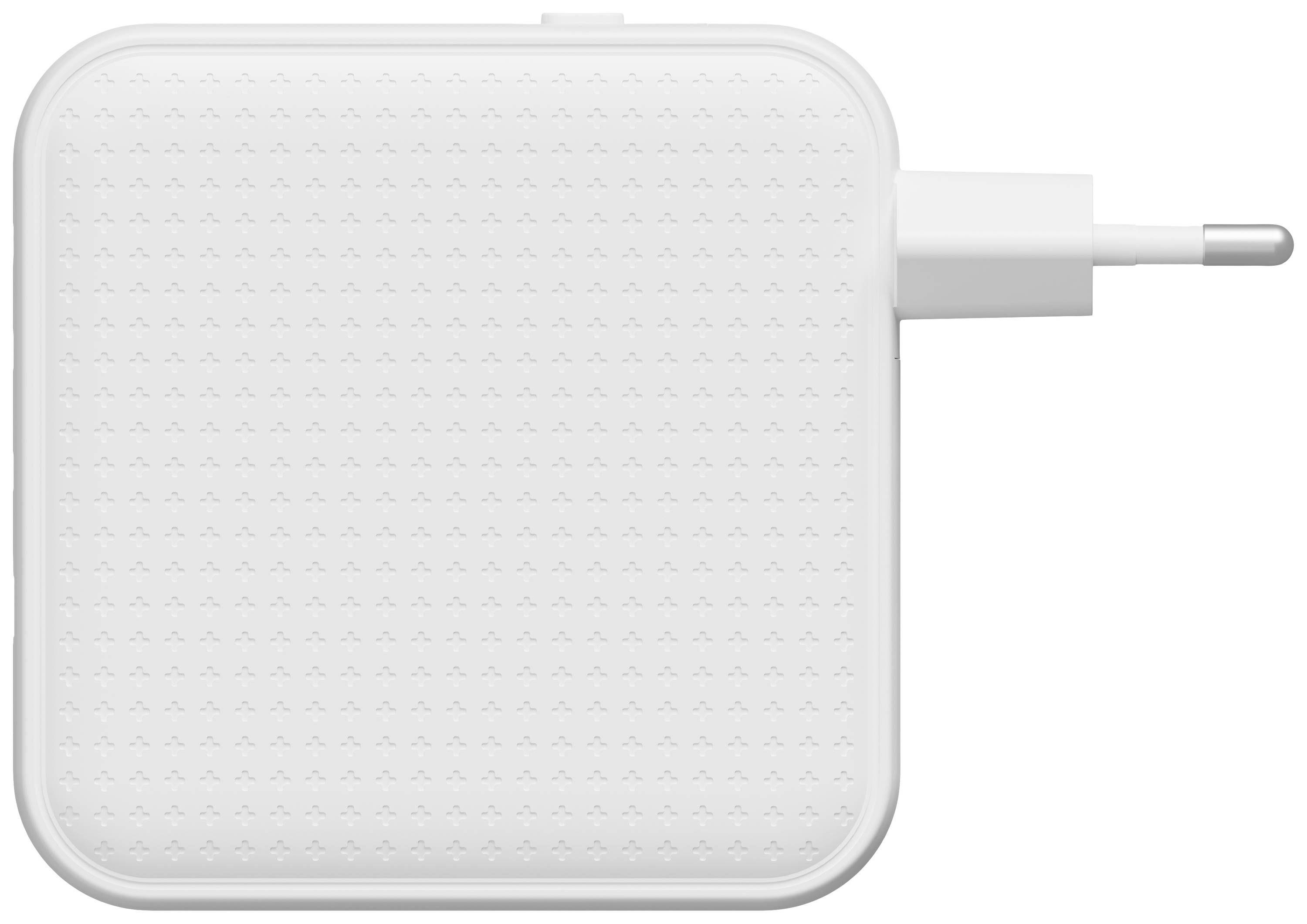 Een witte, vierkante netadapter met Europese stekker, geschikt voor elektronische apparaten.