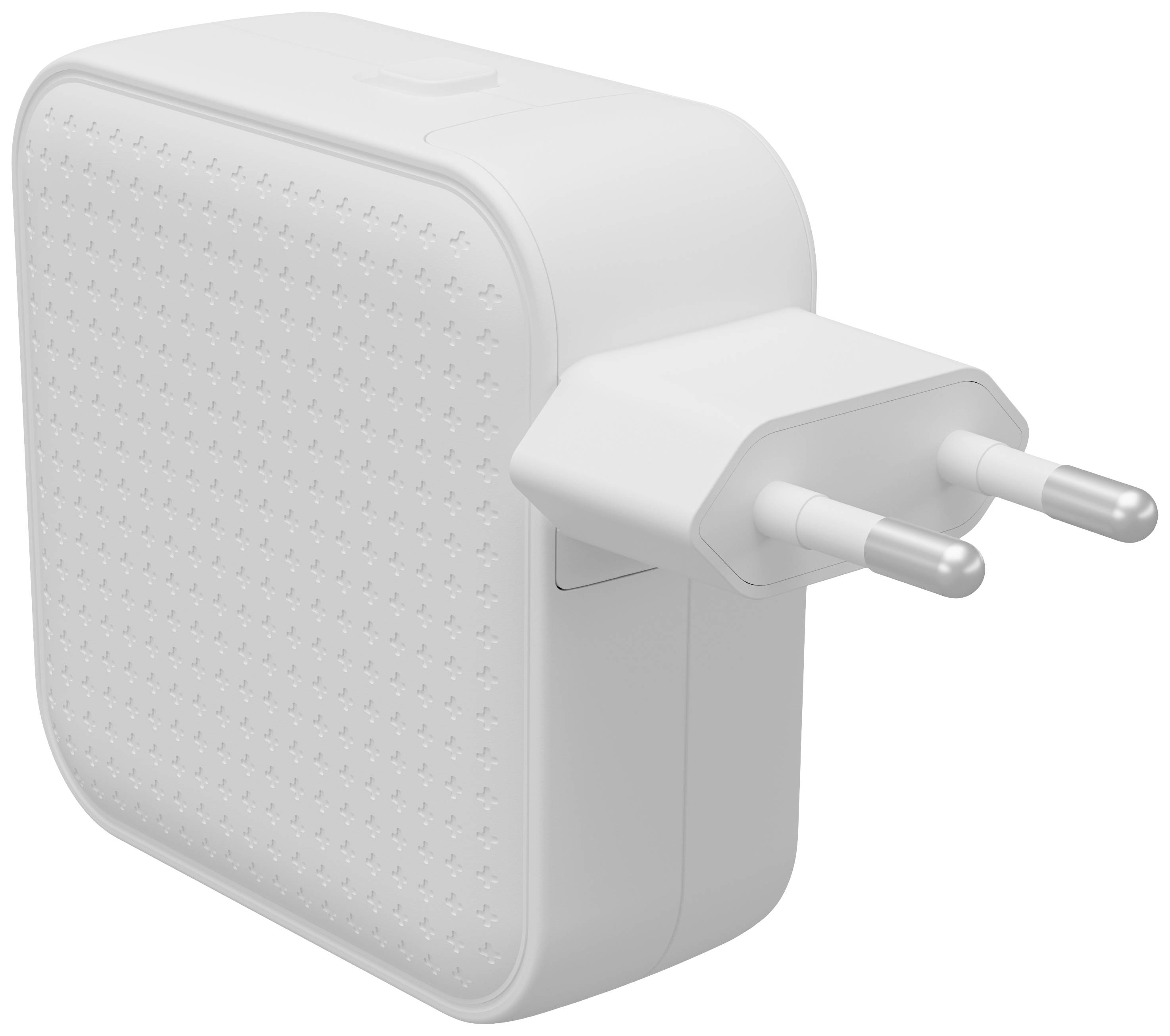 Wit voedingsadapter met twee zilveren contactpinnen, geschikt voor Europese stopcontacten, vierkante vorm met afgeronde randen.