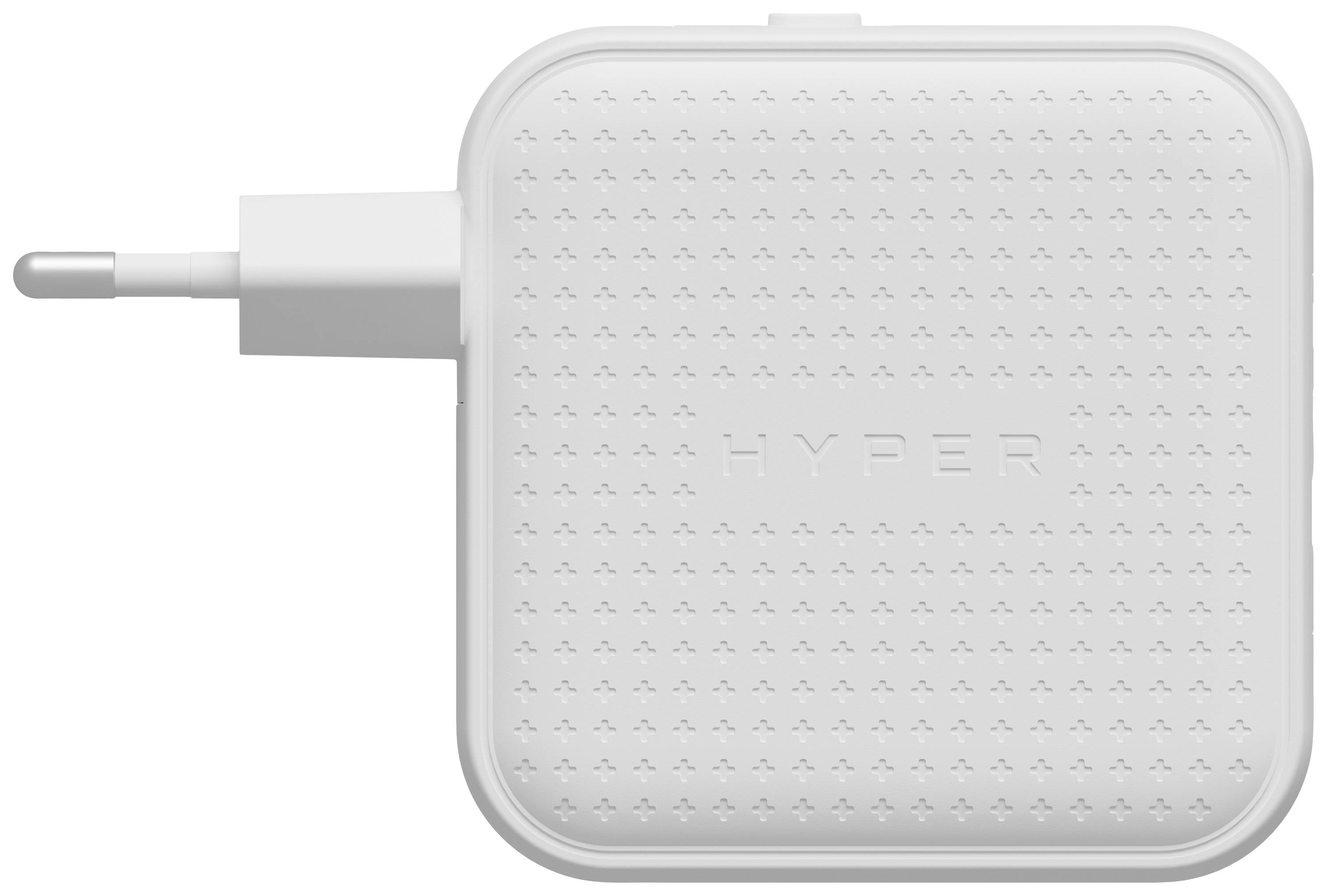 Een wit, vierkaat oplaadapparaat met netstekker en de tekst 'HYPER' op de voorkant.