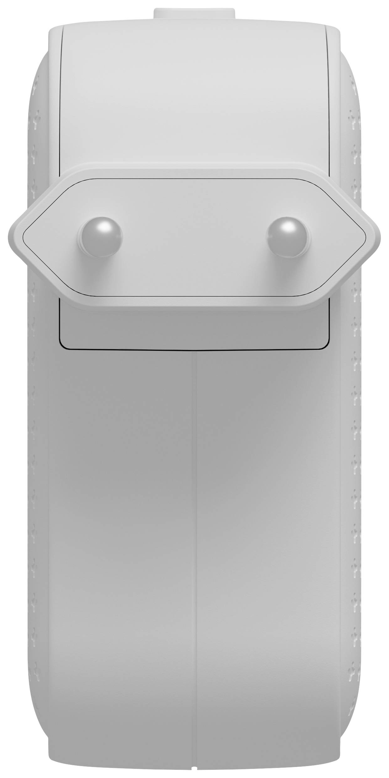 Onbekend wit voorwerp in een vorm die lijkt op een zaklamp of een soortgelijk apparaat, met twee uitstekende elementen aan de voorkant.