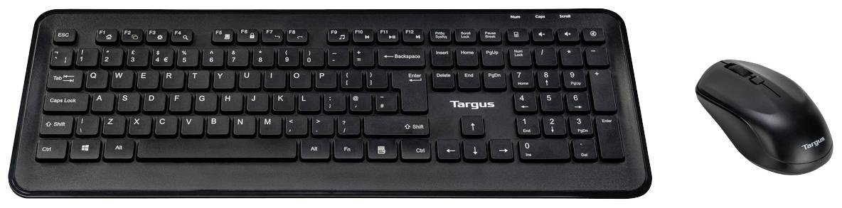 Toetsenbord en muis-set, zwart, draadloos. Het toetsenbord heeft een volledige toetsindeling inclusief pijl- en functietoetsen.