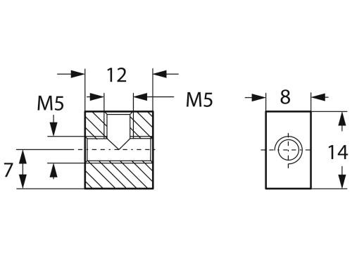 Technische tekening van een onderdeel met M5-schroefdraad. Afmetingen: breedte 12 mm, hoogte 14 mm, andere relevante afmetingen zijn 7 mm en 8 mm.