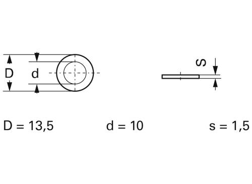 'Technische tekening van een buis met een buitendiameter D=13,5 mm, binnendiameter d=10 mm en wanddikte s=1,5 mm.'