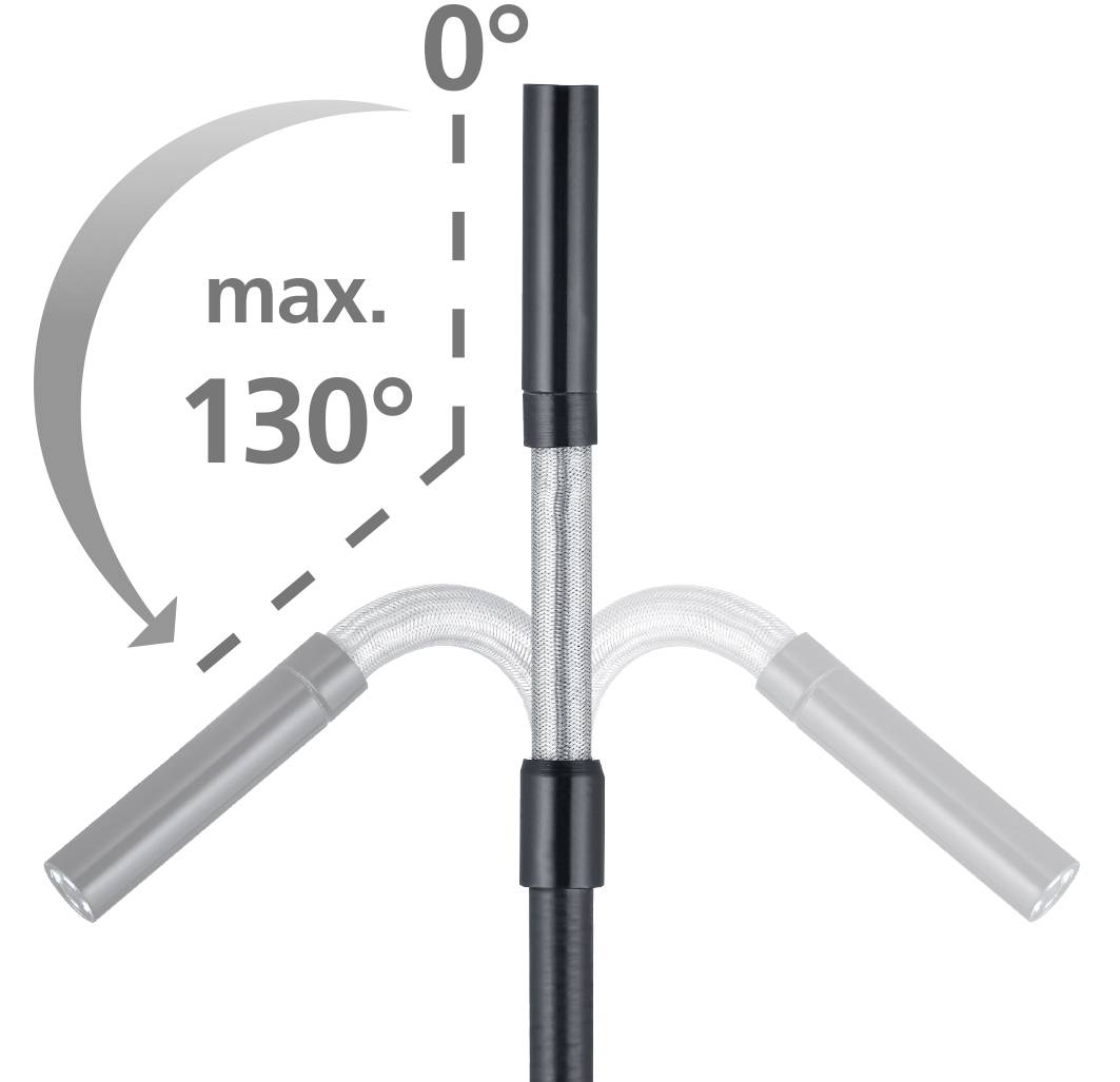 Een diagram toont het buigen van een flexibele buis tot maximaal 130 graden vanuit de verticale positie.