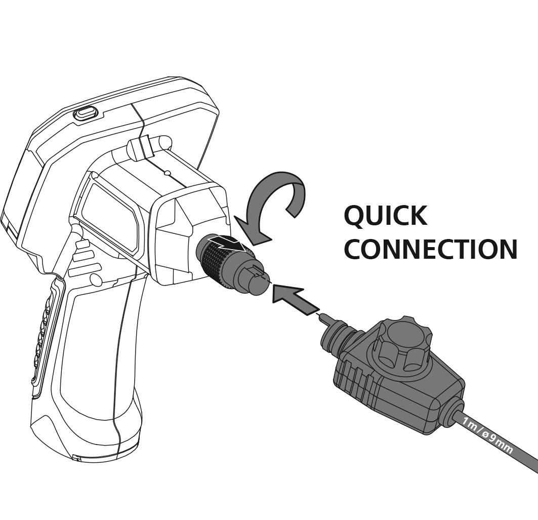 Afbeelding toont een boormachine met een adapter, die met een pijl en de aanduiding 'QUICK CONNECTION' wordt geïllustreerd.