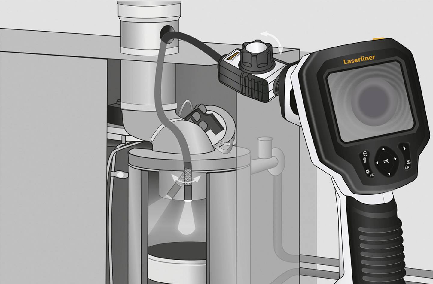 Digitale camera wordt gebruikt om de binnenkant van een machine te inspecteren. Kabels en verbindingselementen zijn zichtbaar.