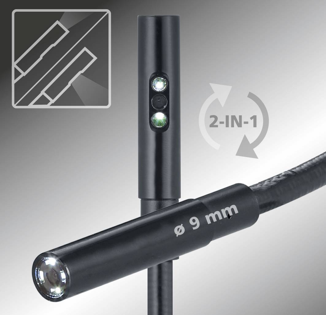 Endoscoop-camera met 9 mm diameter, LED-verlichting aan de punt en een flexibele kabel. Geschikt voor nauwe ruimtes of inspecties.