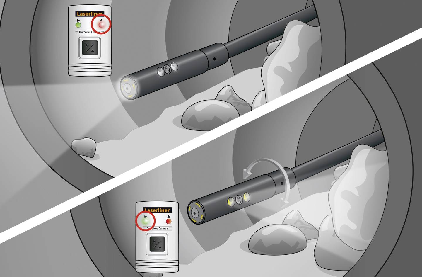 'Laserliner'-apparaat geeft status aan met rood licht linksboven. Boven: Apparaat schakelt uit wanneer water wordt gedetecteerd. Onder: Geen water, apparaat blijft aan.