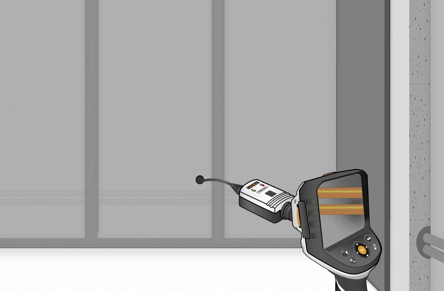 Beeld van een thermografische camera gericht op een grijze oppervlakte. Op het scherm zijn twee oranje strepen te zien.