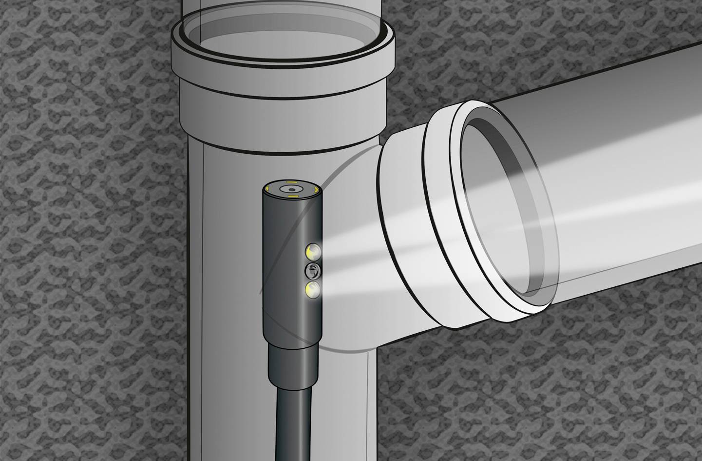 Een endoscoop met camera verlicht het binnenste van een grijze afvoerbuis om inspectie van schade of verstoppingen mogelijk te maken.