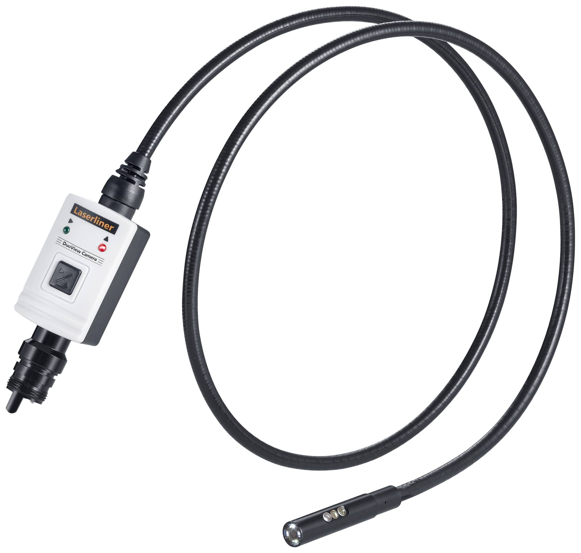 Apparaat met een lang, flexibel kabel en besturingsbox, vermoedelijk een inspectiecamera, met verlichtingsindicator en schakelaar.