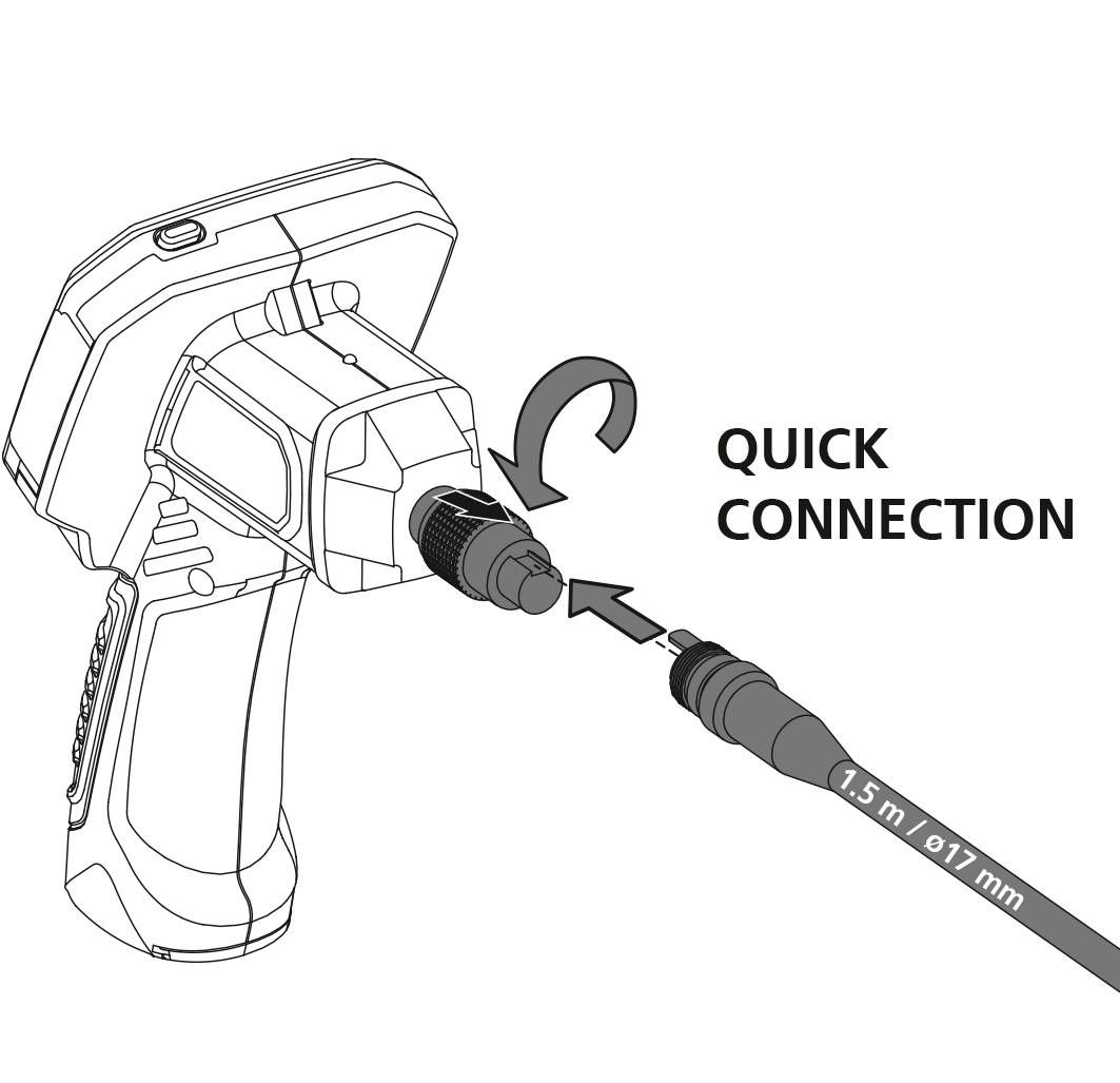 Afbeelding van een gereedschap met een kabel die wordt aangesloten via een 'snelverbinding'. De kabel is 1,5 m/Ø17 mm.