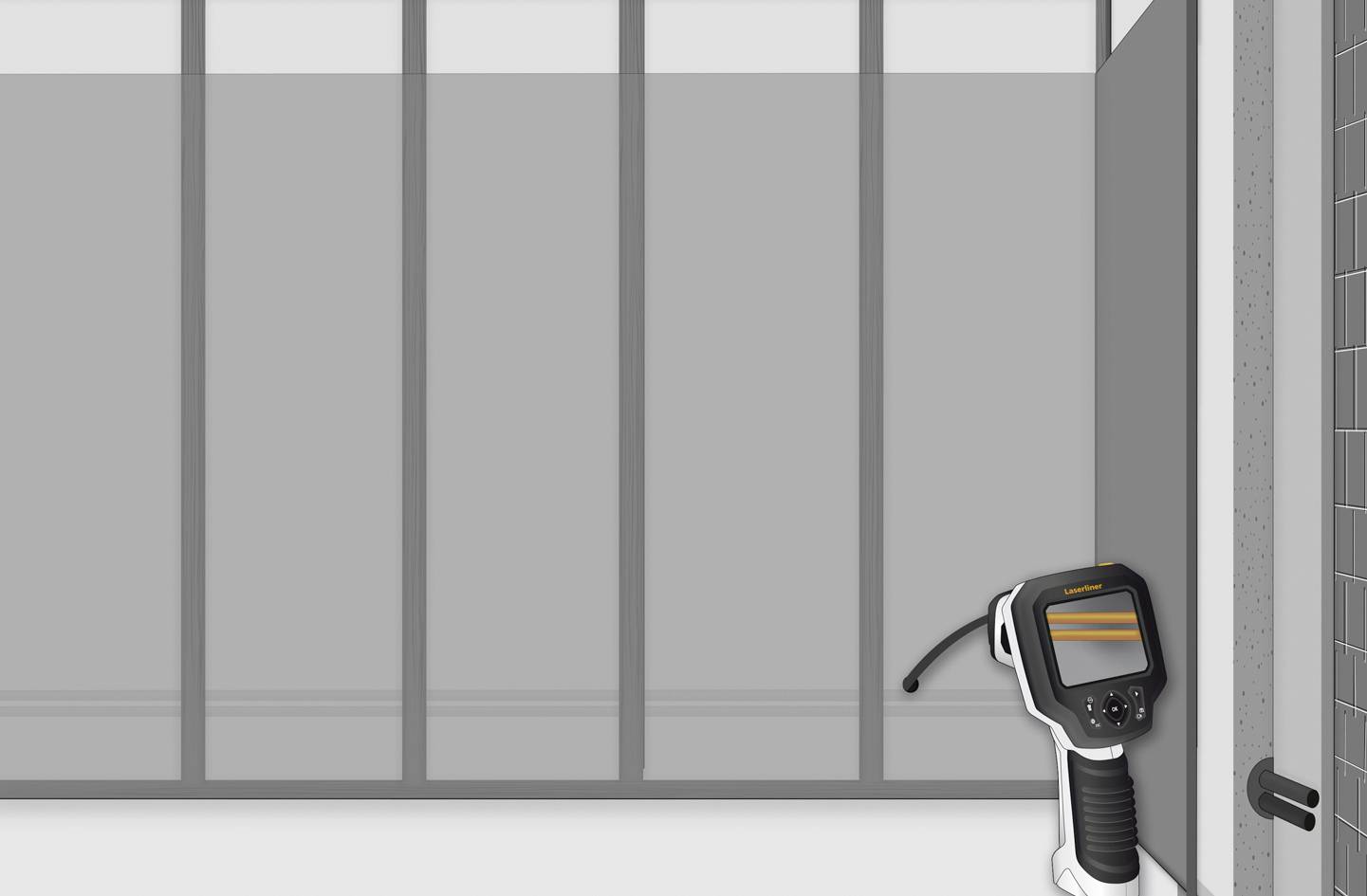 Een inspectie-instrument met een scherm staat voor een grijze muur met meerdere panelen. Het apparaat is klaar voor gebruik.