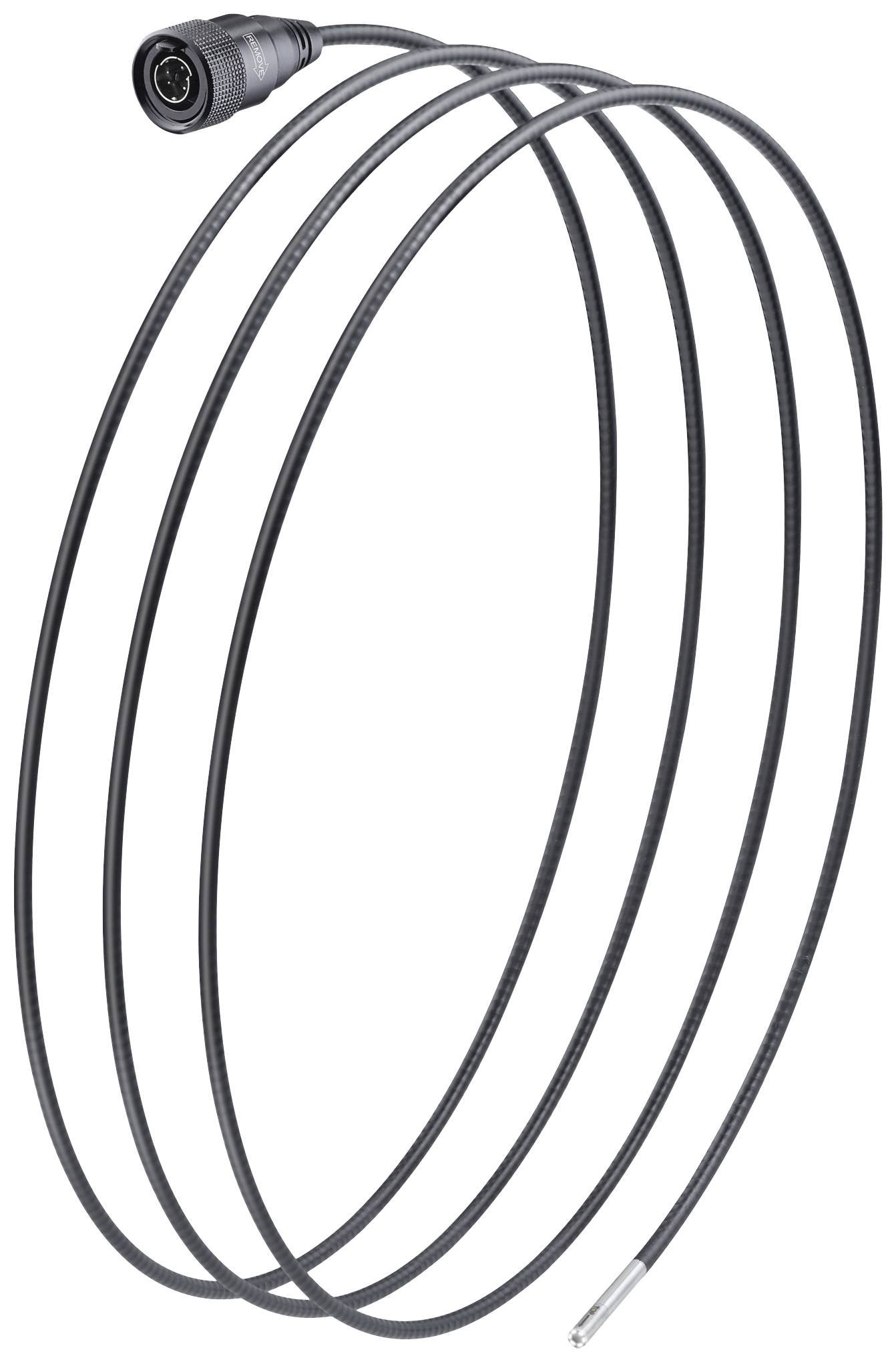 Lange, dunne, zwarte kabel met een ronde stekker aan het ene uiteinde en een metalen punt aan het andere uiteinde, typisch gebruikt voor technische toepassingen.