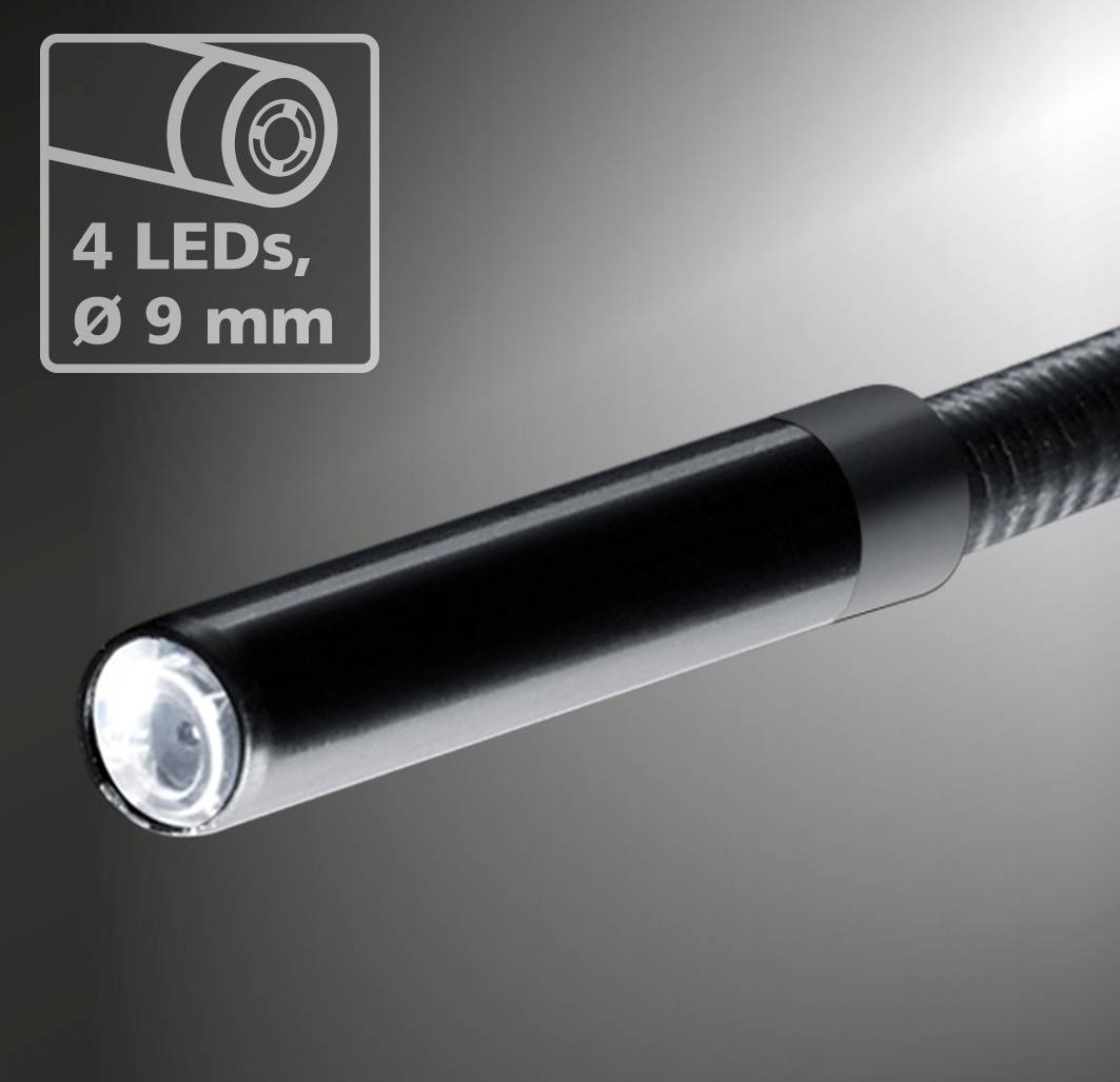 Endoscopcamera met vier LED's, diameter 9 mm, zwarte behuizing, geschikt voor nauwkeurige inspecties, lichtbron aan de punt.