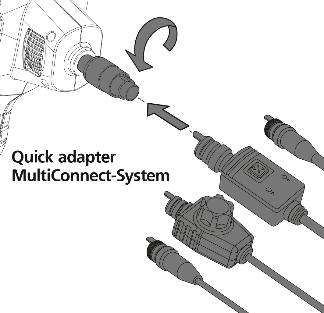 De afbeelding toont een handboormachine met een snelwisseladapter, die deel uitmaakt van een MultiConnect-systeem. Pijlen illustreren de aansluiting.