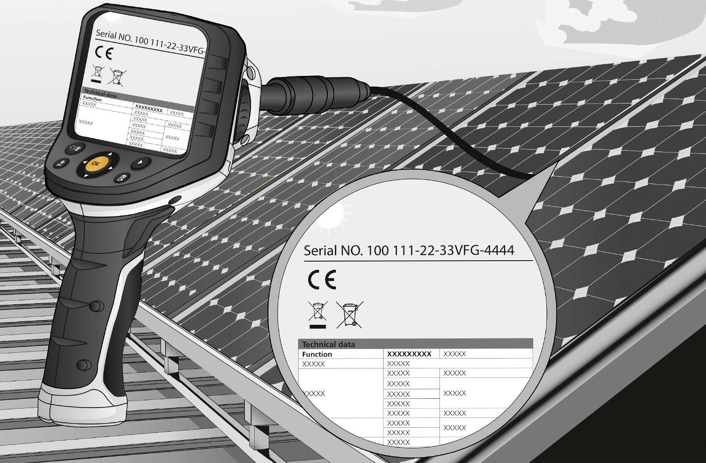 Een handapparaat controleert zonnepanelen. Op het scherm is het serienummer '100 111-22-33VFG-4444' zichtbaar.