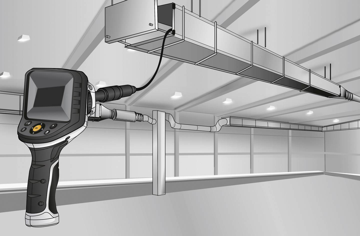 Een infrarood-thermometer wordt in een geventileerde ruimte gebruikt om de temperatuur van een ventilatiesysteem te controleren.