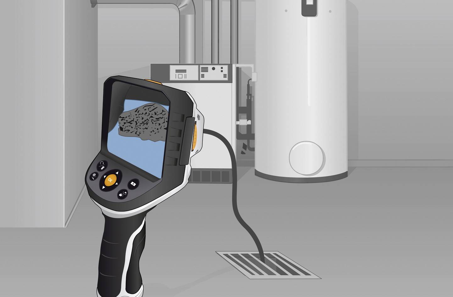 Een warmtebeeldcamera toont een verwarmingsinstallatie met onregelmatige temperatuurpatronen op een digitaal scherm. Op de achtergrond zijn verwarmingsleidingen zichtbaar.