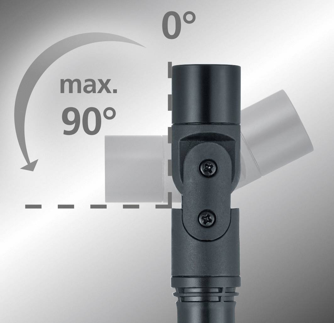 Een microfoonstandaard die tot 90 graden kantelbaar is, wordt getoond. Een grafiek verduidelijkt het instelbare bereik van 0° tot 90°.