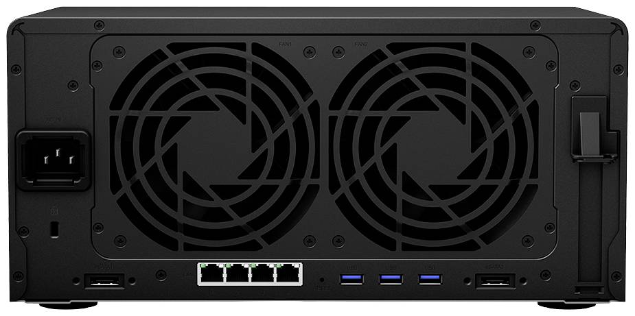 Achterkant van een apparaat met twee grote ventilatoren, een stroomaansluiting, vier netwerkaansluitingen en meerdere USB-aansluitingen.