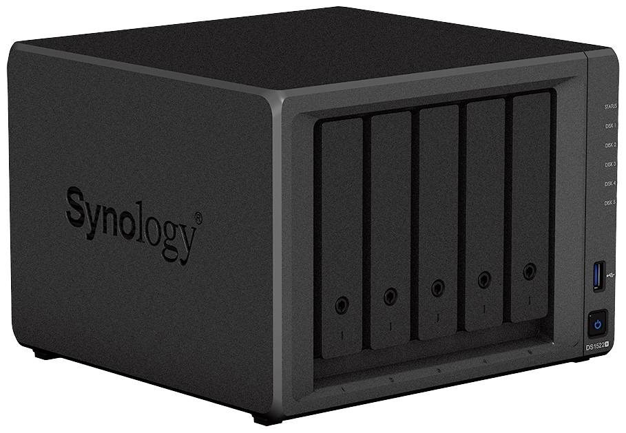 Een zwart Synology NAS-apparaat met vijf lege schijfsleuven, geschikt voor gegevensopslag en back-up.