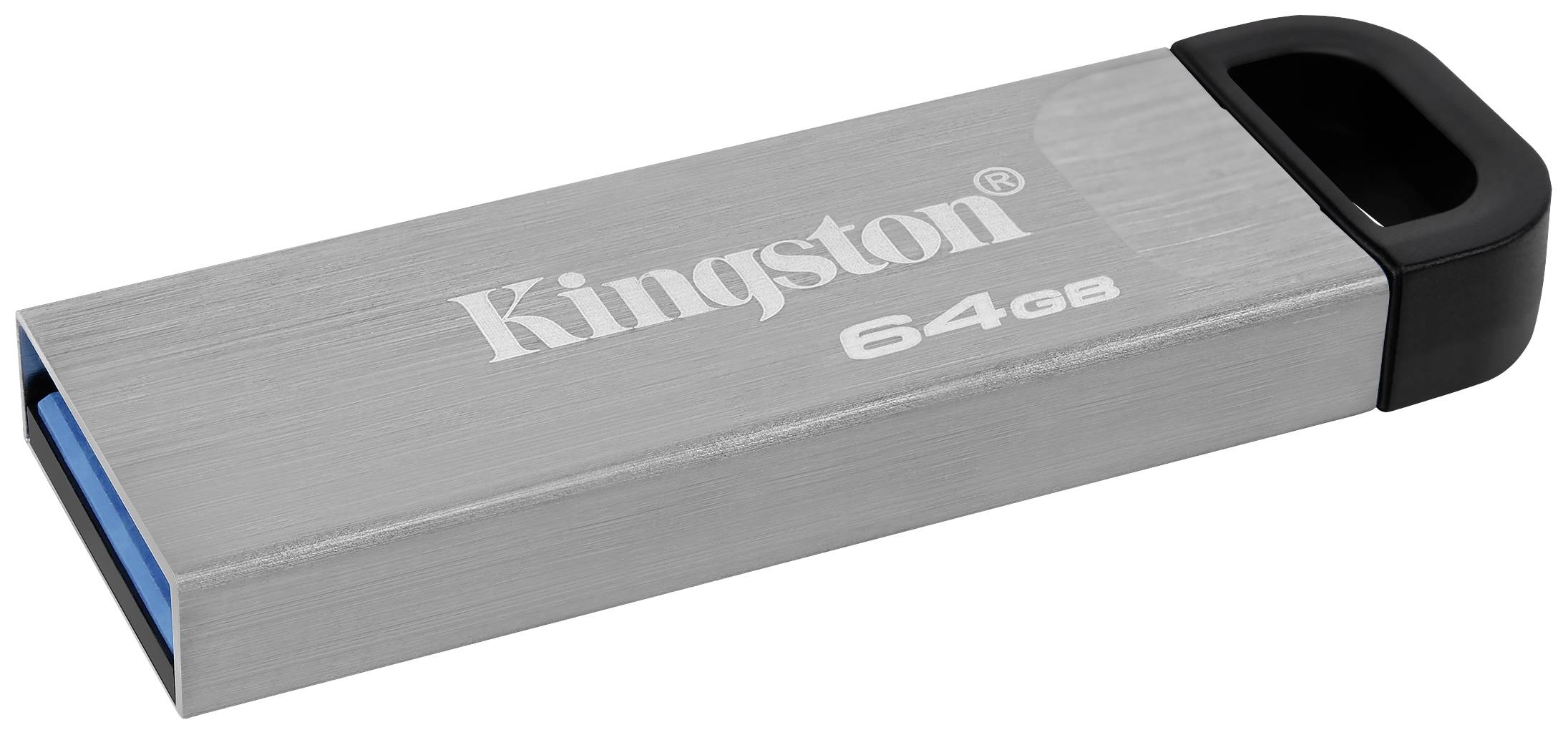 Een zilveren USB-stick van het merk 'Kingston' met 64 GB opslagcapaciteit, zwart uiteinde en blauwe USB-aansluiting.