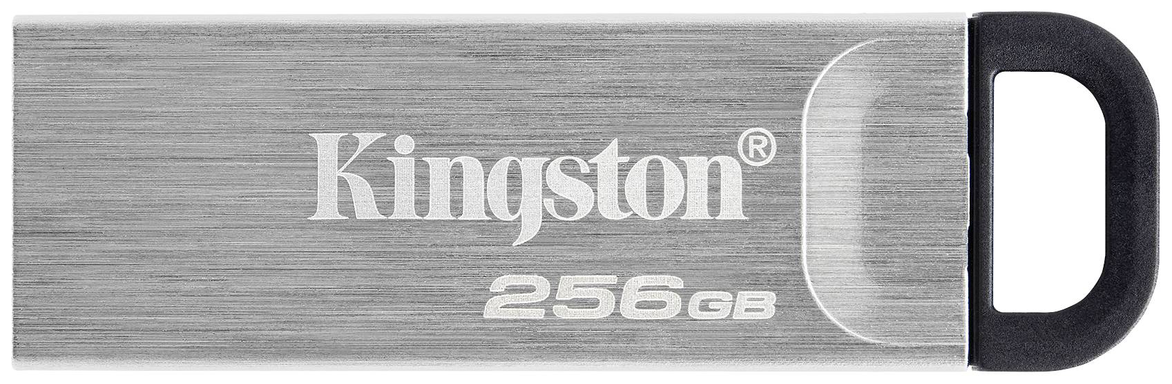 USB-stick van Kingston met een capaciteit van 256 GB. Zilverkluis behuizing met een zwarte ring aan één uiteinde.