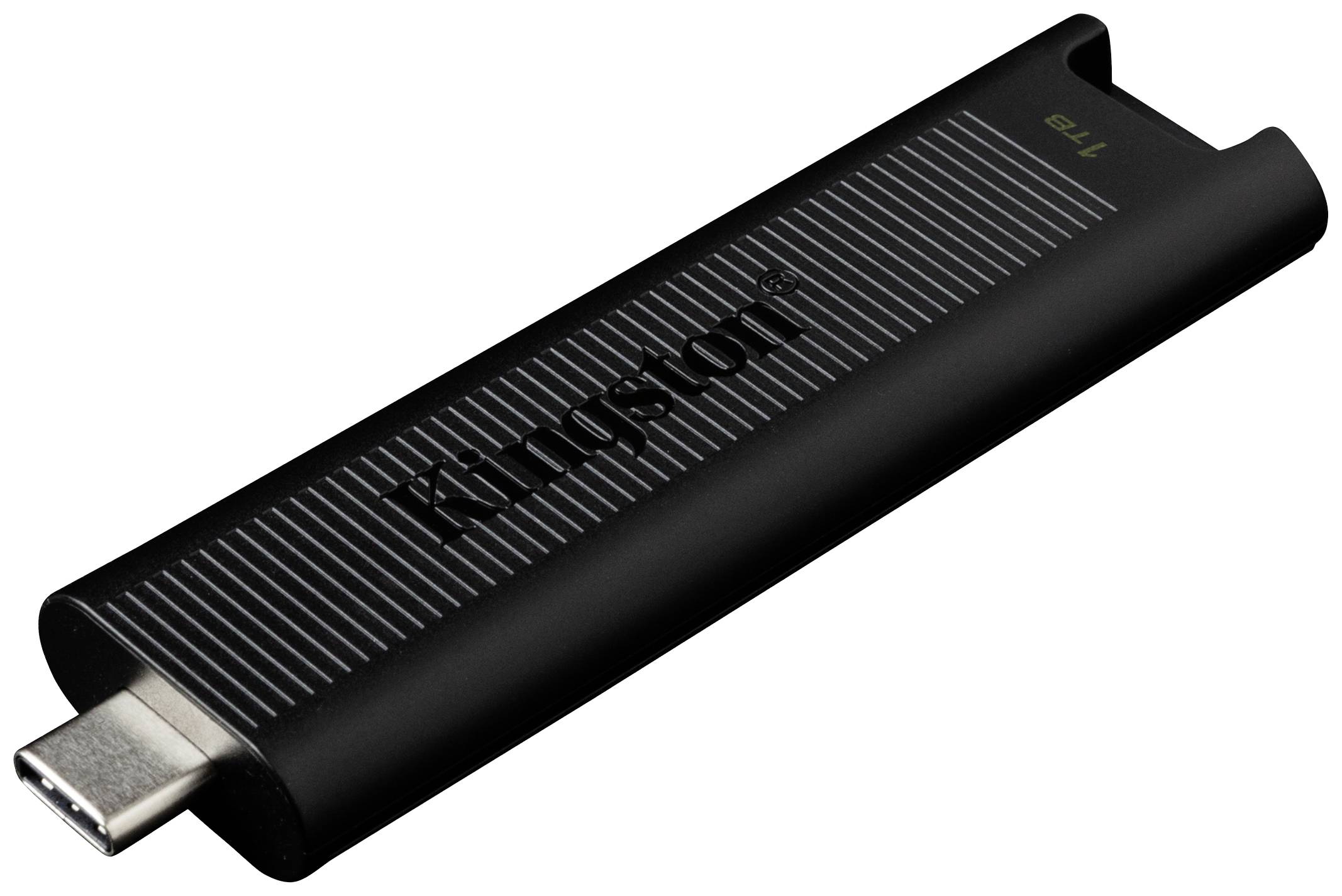 Een zwarte USB-C-stick met het opschrift 'Kingston'.