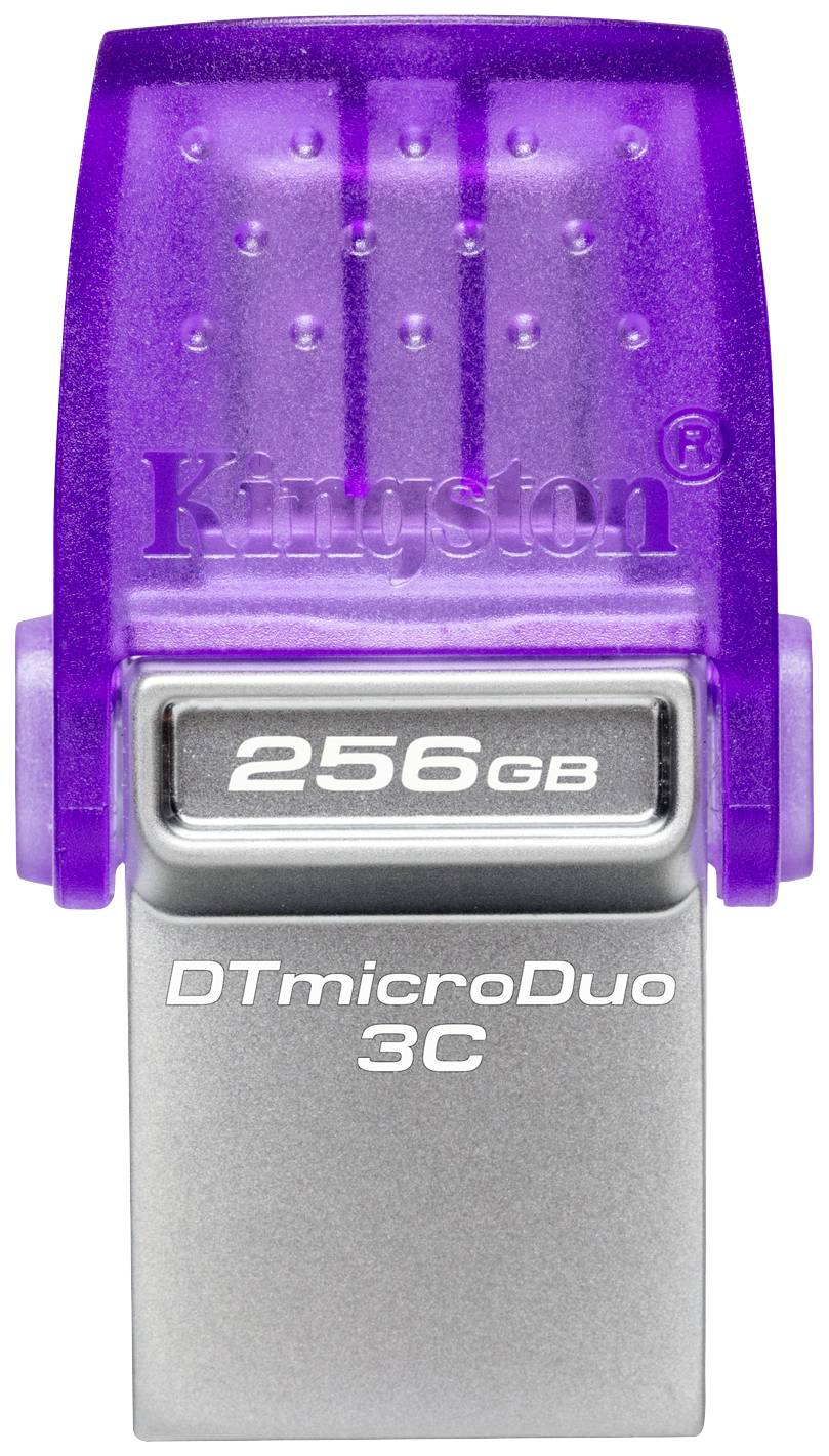 Kingston DTmicroDuo 3C USB-stick met 256 GB opslag, paarse afdekking, zilverkluis behuizing.