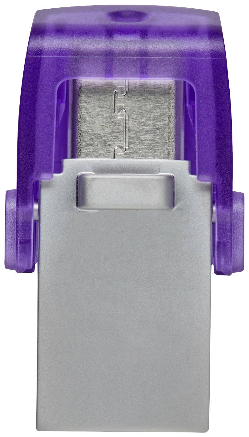 Een zilveren perforator met een paarse handgreep, vooraanzicht.