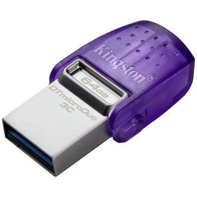 Paarse USB-stick met opdruk 'Kingston', zilveren aansluiting en een opslagcapaciteit van 64 GB.