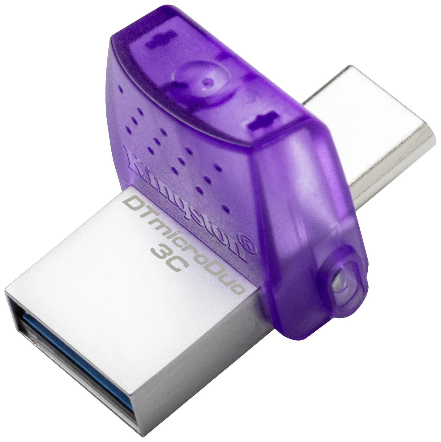 Een USB-stick met een paarse dop, voorzien van een dubbele aansluiting voor standaard-USB en USB-C, gemarkeerd met 'DTmicroDUO 3C'.