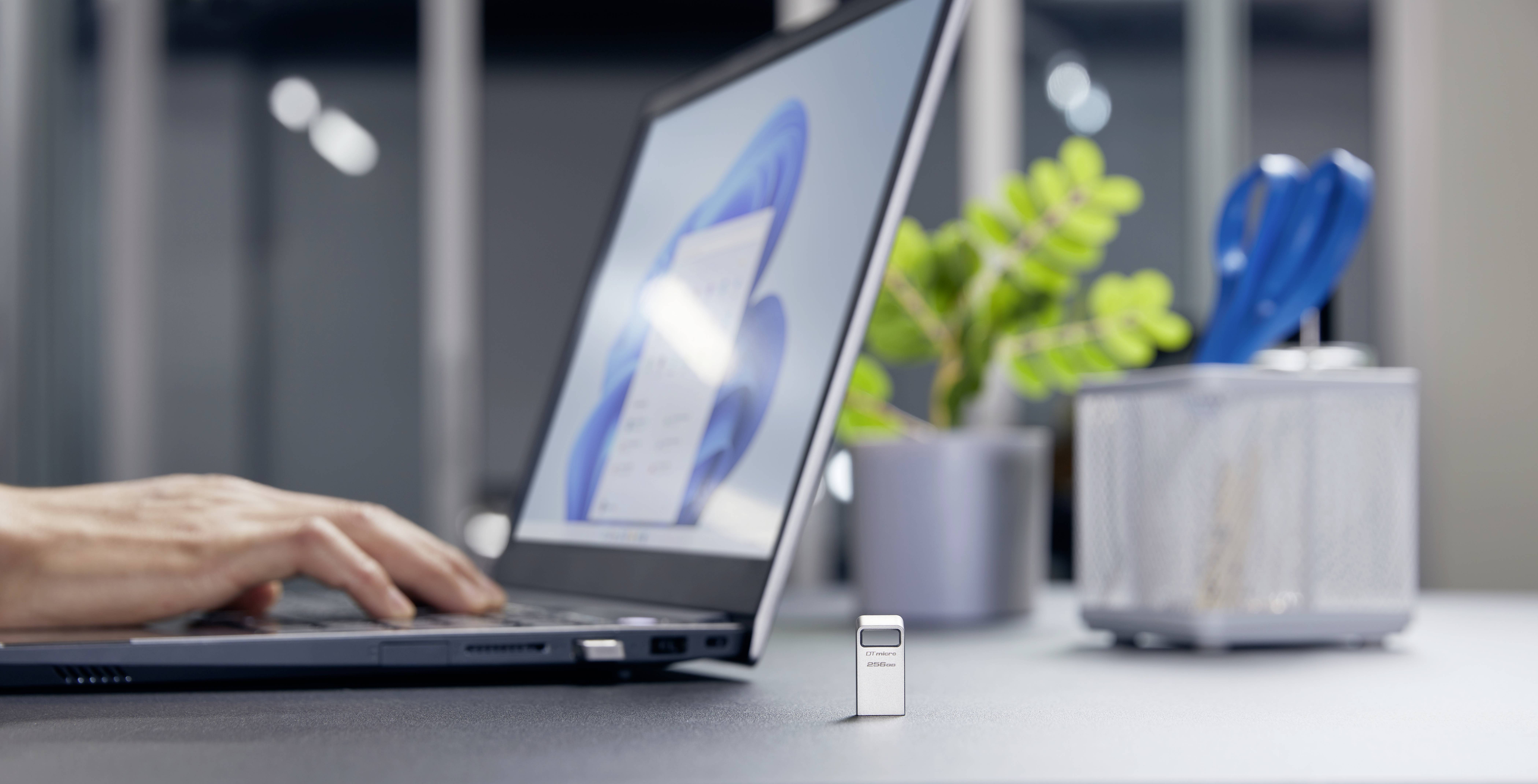 Een laptop op een tafel, naast een USB-stick. Op de achtergrond een plant en een pennenhouder. Iemand typt op het toetsenbord.