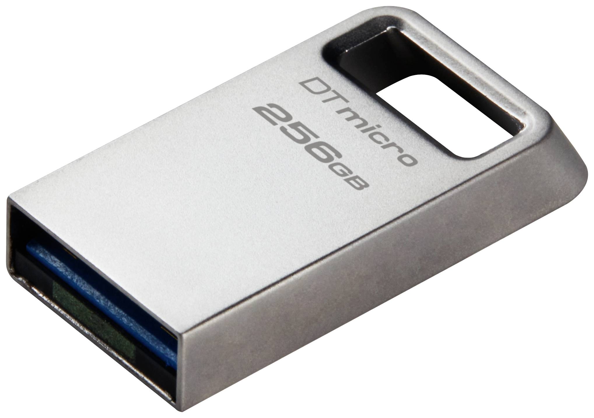 USB-stick 'DT micro' met 256 GB opslagcapaciteit, zilverkleurige behuizing, compacte vormgeving. Ideaal voor gegevensoverdracht.