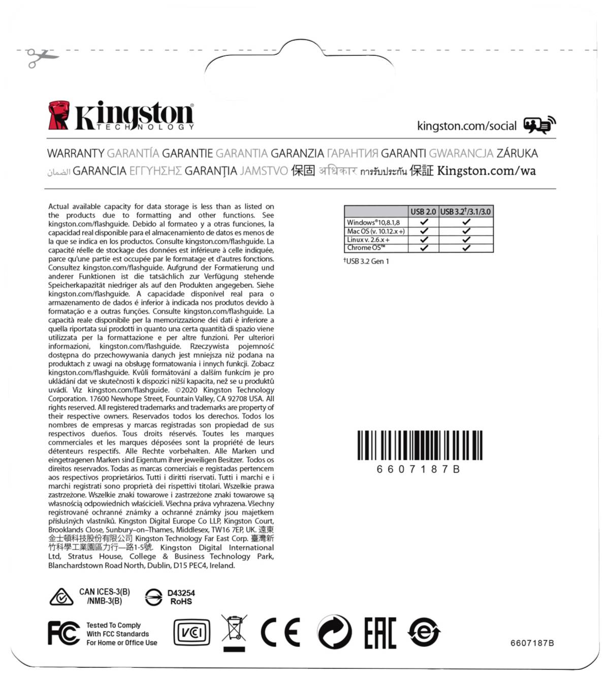 Achterkant van de Kingston-verpakking met garantie-informatie in meerdere talen, technische specificaties en verschillende certificeringslogo's.